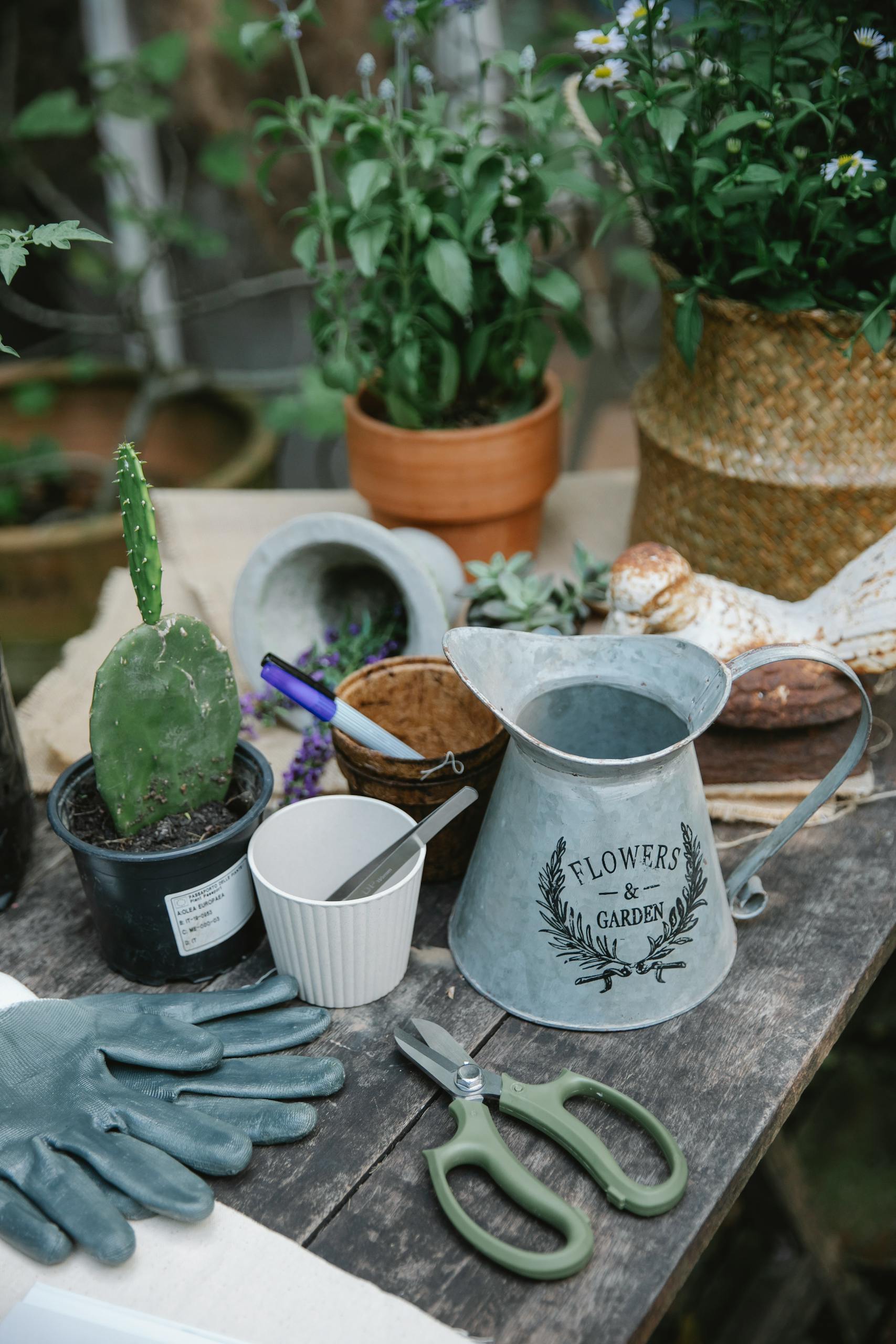 From above of potted plants placed on wooden table with watering can near cactus and gloves near scissors in botanical garden